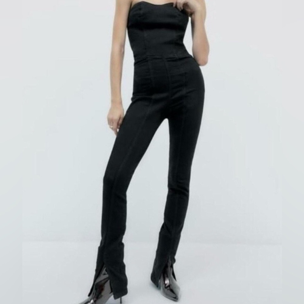 Zara Black Denim TRF Strapless Corset Jumpsuit Medium